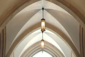 Soft lights hang from the ceiling of Moody's Archway