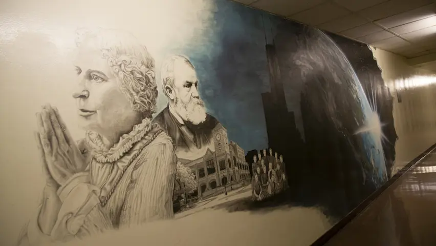 A 20-foot-wide mural that portrays Emma Dryer and her influence on the founding of Moody.