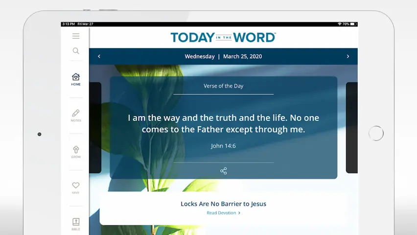 A tablet opened to a devotional on the "Today in the Word" app.