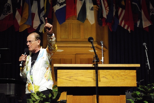 George Verwer returned to Moody Bible Institute often to speak with students, such as this appearance at a Missions Conference.